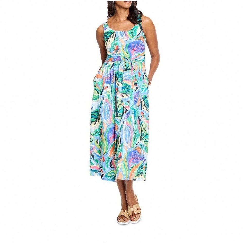 NIC+ZOE Sophie Dress Blue Multi Tropical Print Cotton Smocked Midi MEDIUM NEW